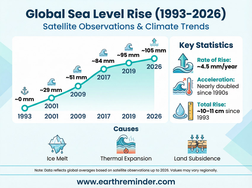 sea level rise chart showing global increase from 1993 to 2026 with rate acceleration and causes infographic