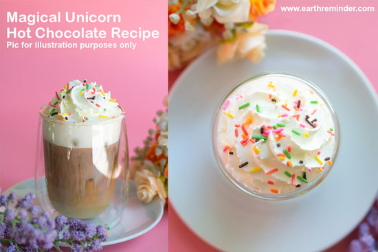 magical unicorn hot chocolate with color sugar