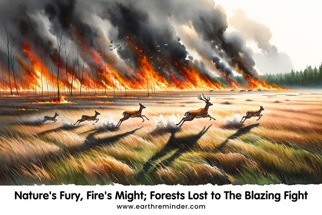 Nature's fury, fire's might, forests lost to the blazing fight.