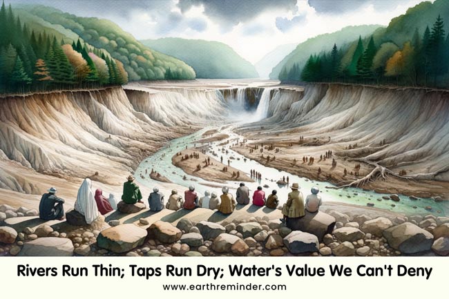 Rivers run thin, taps run dry, water's value we can't deny.