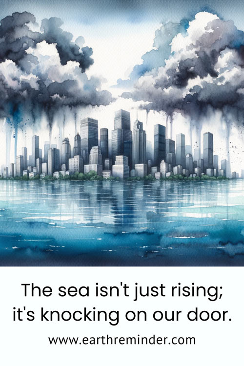 The sea is not just rising, it is knocking on our door. Climate change poster.