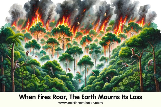 When fires roar the earth mourns its loss. Stop climate change.