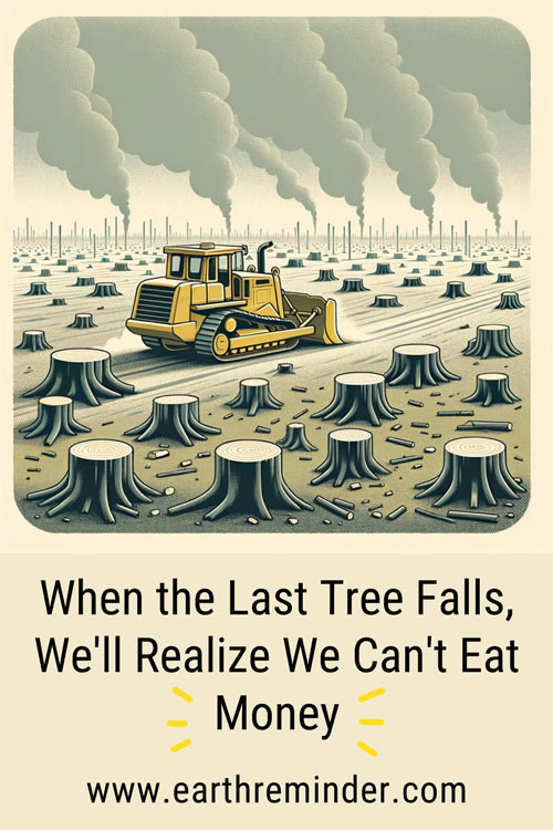 When the last tree falls, we will realize we cannot eat money. Climate change poster ideas.
