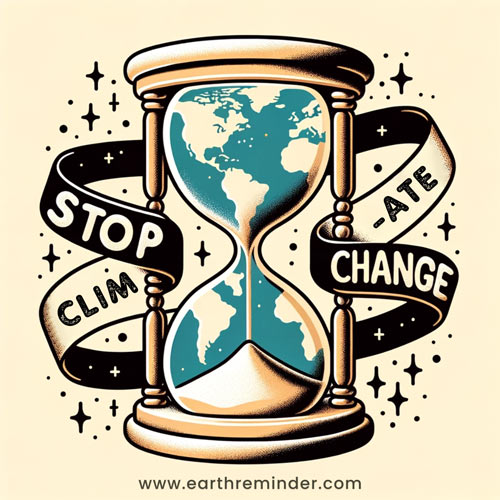 An hourglass showing time is running out to save the earth. Stop climate change posters.
