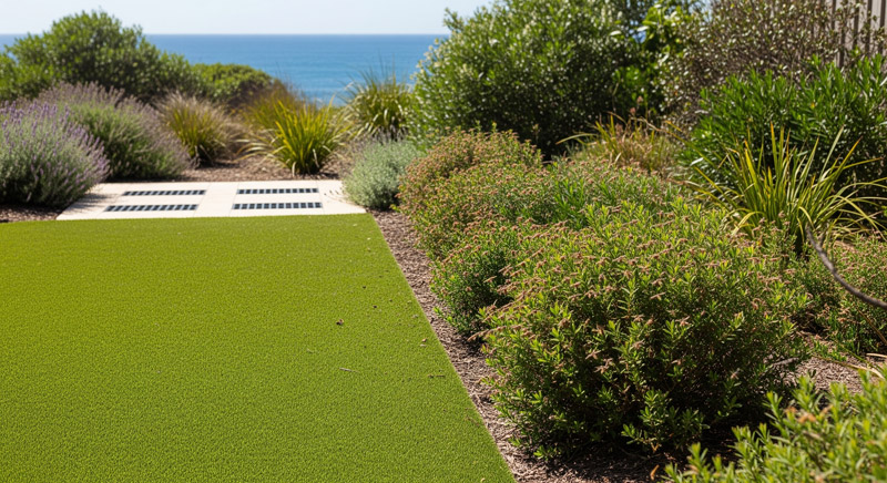 Artificial grass beside native plants in a coastal Sydney backyard, showing balance between convenience and biodiversity.