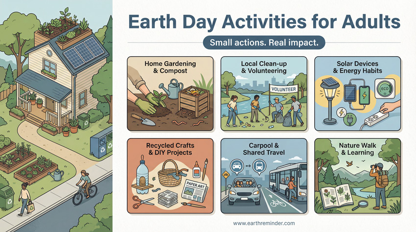 Earth Day activities for adults, including gardening, clean-ups, solar energy use, recycled crafts, carpooling, and nature walks.