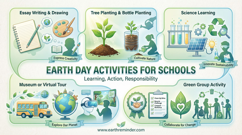Earth Day activities for schools, including writing, art, tree planting, science learning, green group activity, and educational tours.