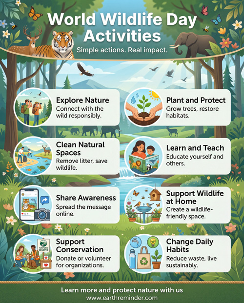 World Wildlife Day activities infographic for wildlife conservation showing tree planting, habitat cleanup, wildlife support, conservation actions, and sustainable living steps