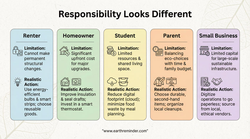 Earth Day 2026 infographic showing how responsibility varies for renters, students, and families