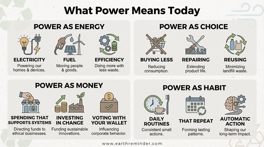 Infographic explaining power as energy, choice, money, and habit