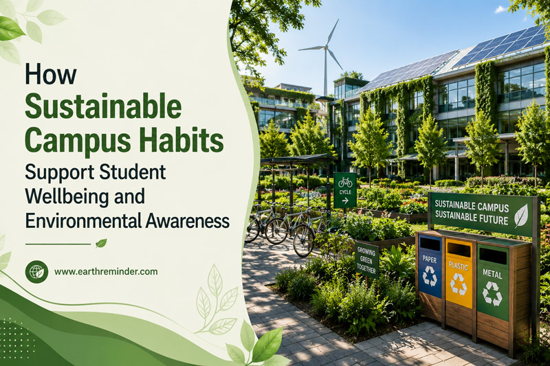 Sustainable campus with cycling lane, green pathways, solar-powered university buildings, recycling station and eco-friendly student environment