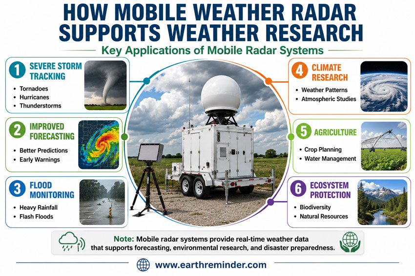 Infographic explaining how mobile weather radar systems help scientists track severe storms, improve forecasting, monitor floods, support climate research, and protect ecosystems.