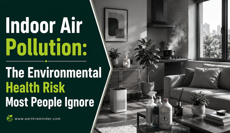 Indoor air pollution inside a modern home showing invisible pollutants and environmental health risks affecting indoor air quality