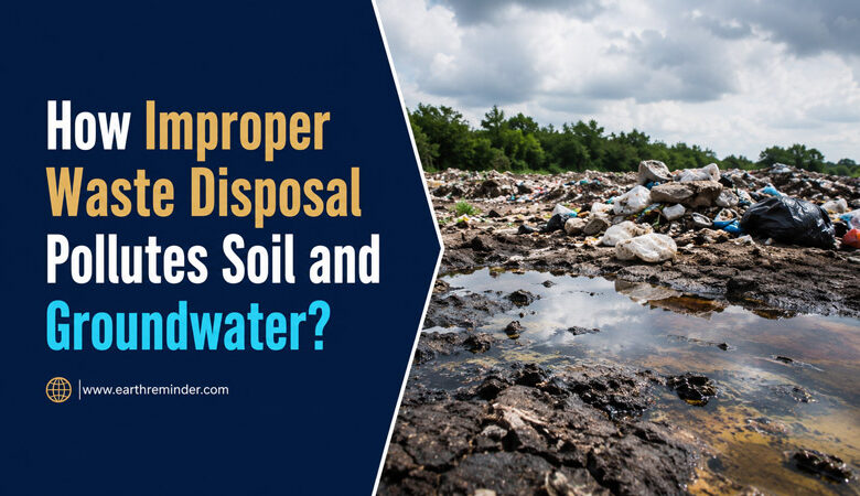 Improper waste disposal polluting soil and groundwater through landfill waste and contaminated leachate, highlighting environmental pollution and groundwater contamination.