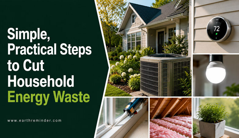 practical ways to reduce household energy waste with an energy-efficient home, HVAC system, smart thermostat, LED lighting, insulation, and window sealing alongside the title "Simple, Practical Steps to Cut Household Energy Waste.