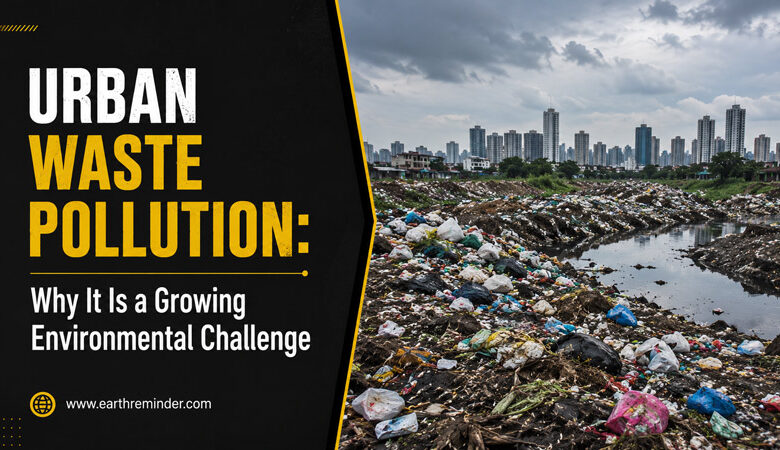Urban waste pollution showing plastic waste along a polluted waterway near a city skyline, highlighting a growing environmental challenge.
