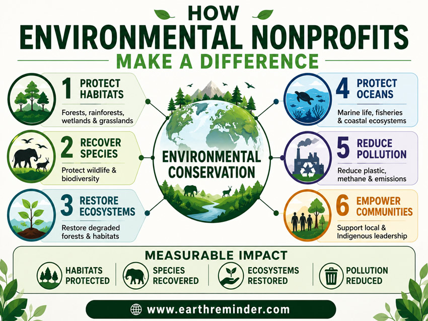 Infographic showing how environmental nonprofits create measurable impact through habitat protection, species recovery, ecosystem restoration, ocean conservation, pollution reduction, and community conservation