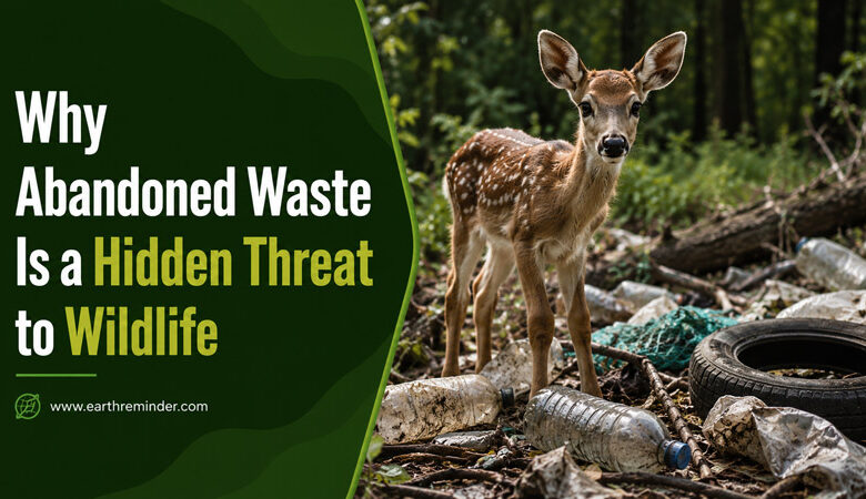 Young deer standing in a forest surrounded by abandoned plastic bottles, discarded waste, and an old tire, highlighting the hidden threat of pollution to wildlife habitats.