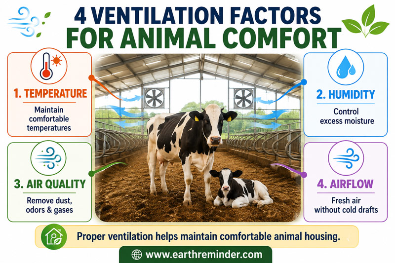 Infographic showing four farm ventilation factors that support animal comfort: temperature, humidity, air quality, and airflow